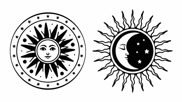 Sun and moon symbols are rendered in a vintage celestial style with intricate line work.