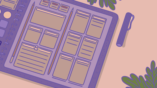 Planner layout features empty boxes for daily scheduling next to a writing pen and leaves.