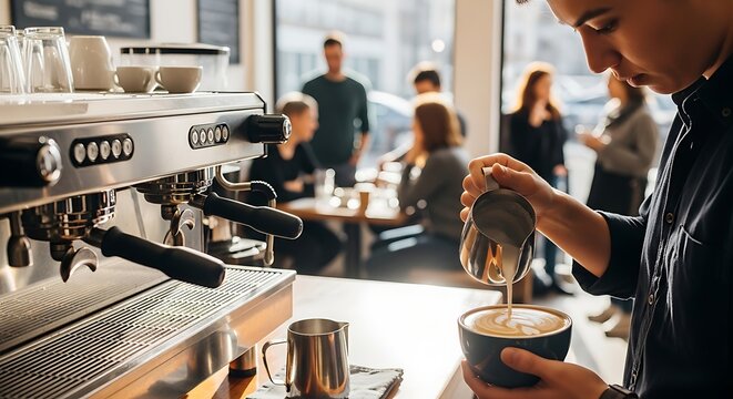 Professional Barista Preparing Latte Art in a Busy Coffee Shop