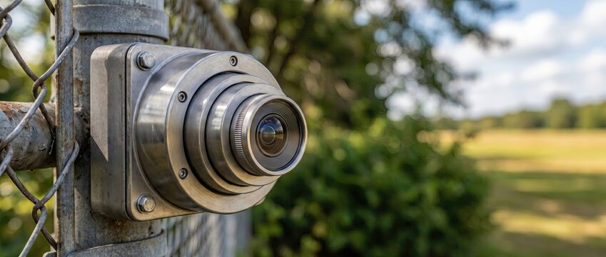 Security camera on chain link fence monitoring outdoor area safety