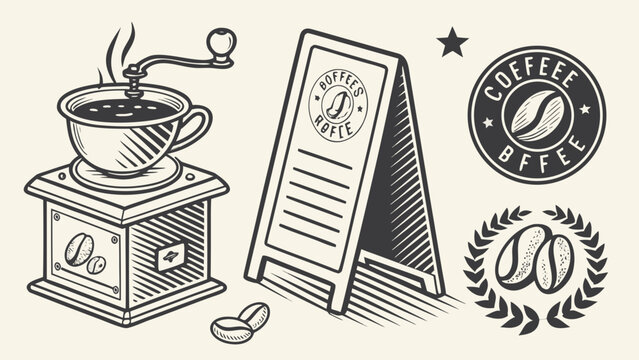 Coffee grinder and cup are displayed as vintage style graphic icons.