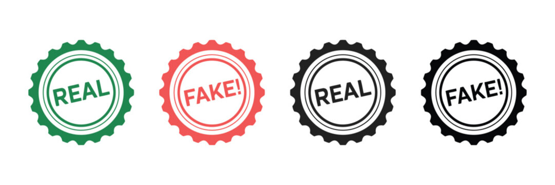 Real and Fake Rubber Stamp Icon Set Featuring Grunge Style Truth and Lie Concept Badges for Approval, Rejection, and Authenticity Vector Illustration