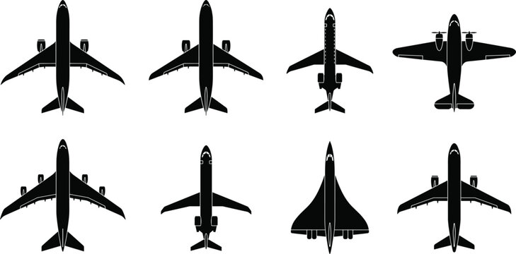 Black silhouette vector illustration of diverse airplane designs including commercial jets, small aircraft, and supersonic delta wing planes