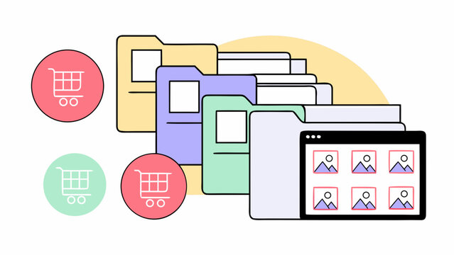 Digital file folders organize images and shopping carts within a streamlined computer interface.