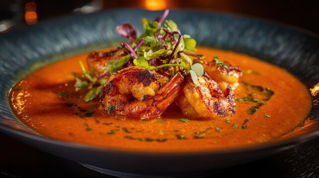 Grilled shrimp in spicy tomato bisque with fresh microgreens