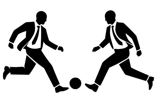 High-contrast black silhouette of two businessmen playing soccer. Minimalist vector art representing corporate competition, teamwork, and business strategy in a professional setting.
