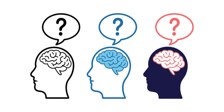 Three profile heads with brains and question marks human heads profile views speech bubbles in white background.