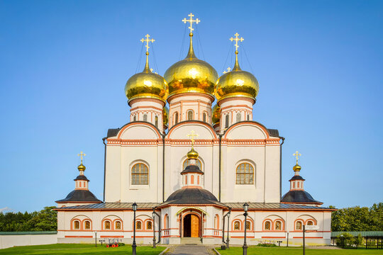Front view of the Iversky Cathedral in the Valdai Monastery at sunset, Novgorod region of Russia