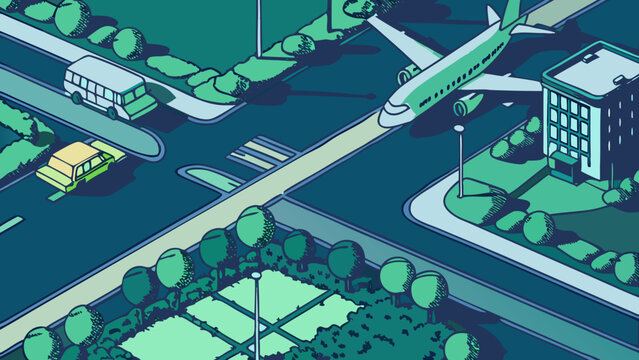 Airplane flies over an isometric urban landscape with roads and buildings.