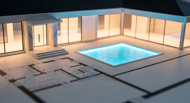 Modern architectural model showcasing a luxurious home with a glowing pool at twilight