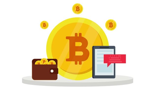 Digital Crypto Wallet Concept Animation: Brown Wallet and Tablet Displaying Secure Bitcoin Transactions with Floating Gold Coins on a White Background, Seamless Loop for Fintech and Digital Asset Mana