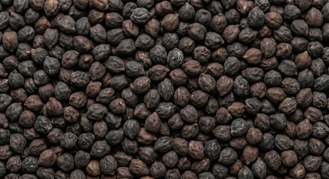 Overhead view of a dense pile of dark black chickpeas creating a rich textured background with natural earthy tones and organic imperfections