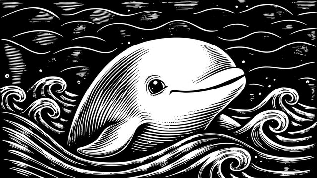 Dolphin appears in a carved woodcut design featuring swirling ocean currents.