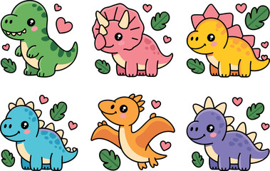 Cute kawaii dinosaur vector character set featuring T-Rex Triceratops Brontosaurus and Stegosaurus with leaves and hearts for kids © MdAbdur