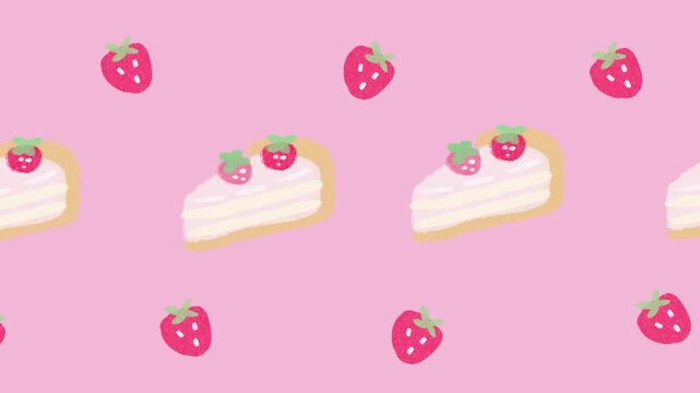 Sweet Strawberry Shortcake Slices Pattern Seamless Loop Animation Hand Drawn Pencil Sketch Pink Background