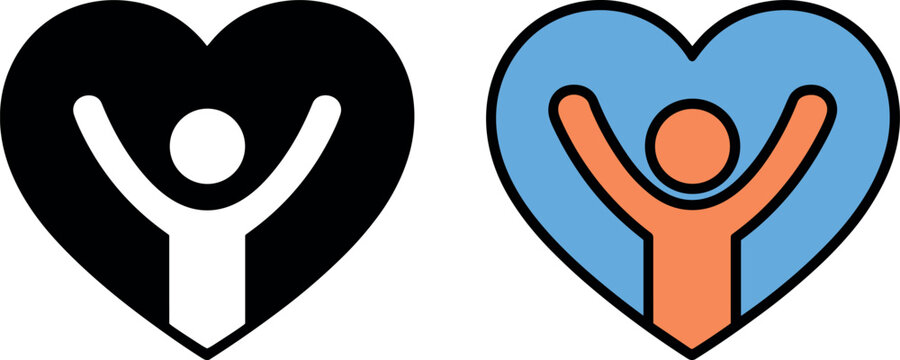 Set of heart and person icons representing self care mental health humanitarian aid love and success for wellness designs
