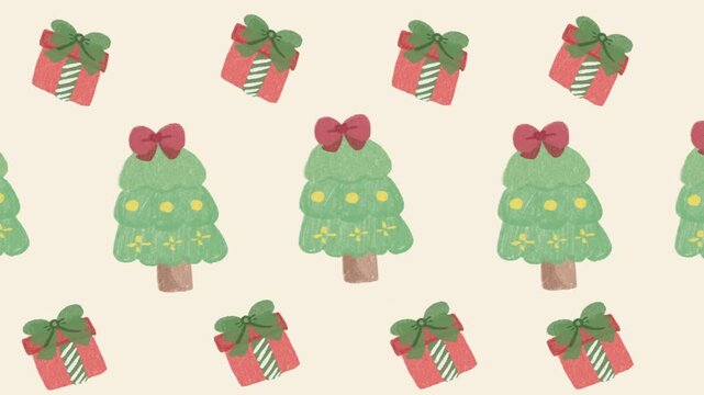 Festive Holiday Animated Pattern Background Featuring Hand Drawn Doodle Pine Trees and Presents