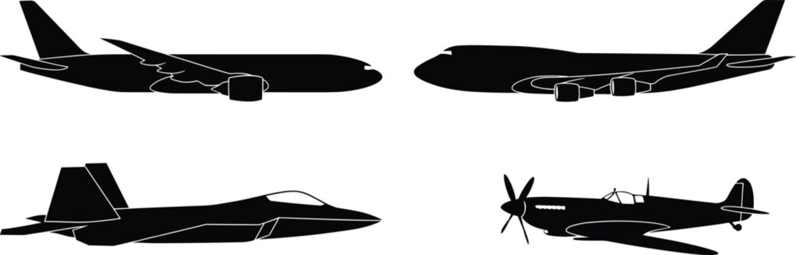 Silhouette vector illustration of commercial passenger jets, military fighter aircraft, and vintage propeller plane showing diverse aviation designs