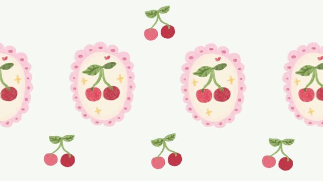 Vintage Pink Lace Frame with Red Cherries Seamless Loop Animation Hand Drawn Pencil Sketch Background