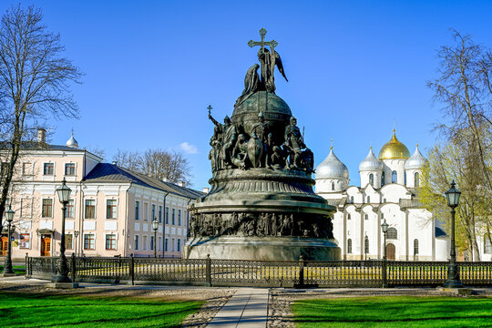 The Millennium of Russia Monument in the courtyard of the Novgorod Kremlin, Novgorod region of Russia