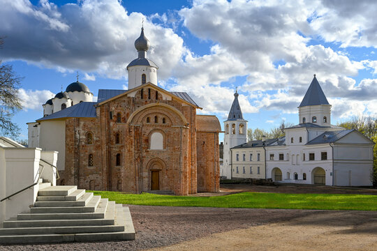 Facades of ancient Orthodox cathedrals in Yaroslav's Court, Novgorod region of Russia