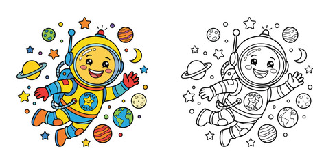 Cute Astronaut Character Floating in Space - Colorful Cartoon Vector Illustration with Planets and Stars © MdAbdul