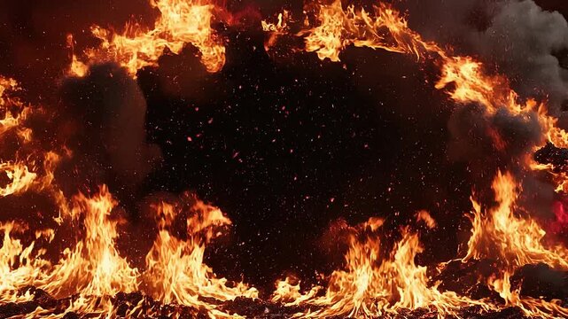 Intense close up of blazing fire with bright flames and glowing embers in dark background