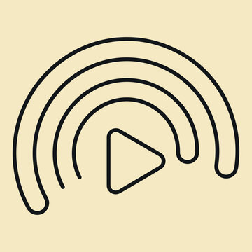 A minimalist featuring a central play button surrounded by concentric semi-circular lines, set against a soft cream-colored background, representing digital media and streaming