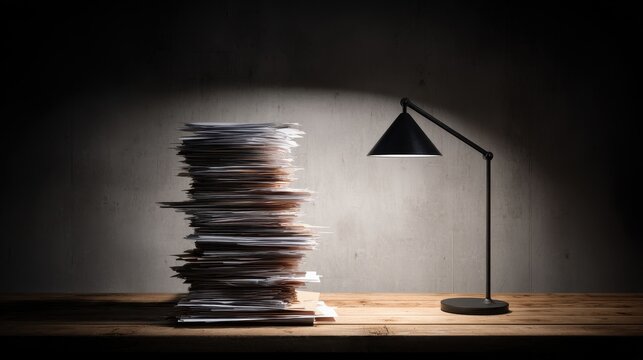 Precariously stacked unpaid invoices illuminated by a desk lamp on a wooden surface