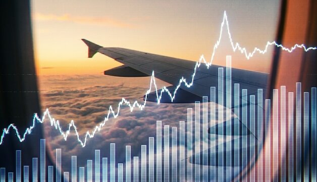 Airline business revenue growth and air transport investment trend. Financial chart overlay on airplane wing during flight. Economic recovery and aviation market analysis at golden hour.