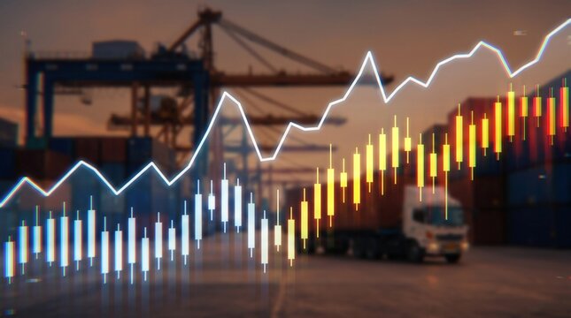 Trucking and land logistics transportation with stock market growth. Financial chart overlay on cargo trucks at shipping terminal. Distribution network and supply chain economy concept.