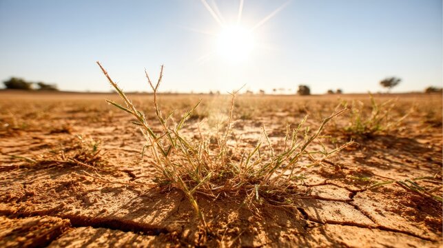 Sun-baked cracked earth and parched brittle grass under a bright hot sun in a dry savanna landscape
