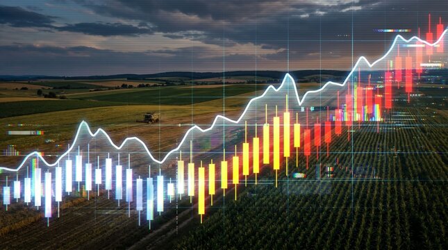 Combine harvester working in wheat field at sunset with rising financial stock market graph. Success in agricultural business and global grain export.