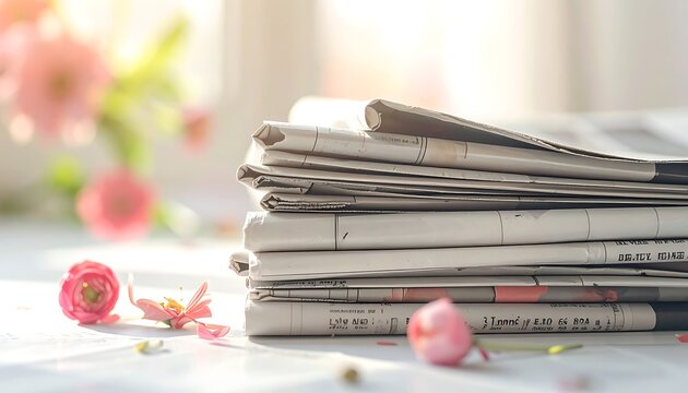 Newspapers stacked with pink flowers nearby.