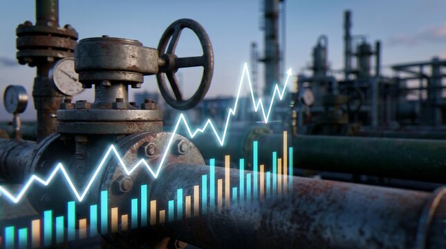 Metal pipeline and industrial valve at refinery plant with upward financial graph and bar chart overlay for energy sector growth and commodity market trading performance.
