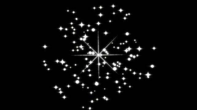 Beautiful magic dust particles explosion with white stars flashing on black background, Bright glowing elements for celebration and wedding projects, cinematic abstract , 4k video.