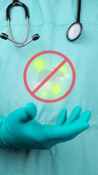 The doctor presents an animated sketch of a mouse with virus particles. Red warning icon. Concept of zoonotic virus transmission (HSV). Prevention and professional management of infection.