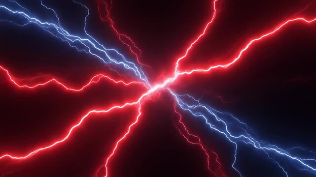 animation of vibrant red and blue lightning bolts crackling with intense electric energy.