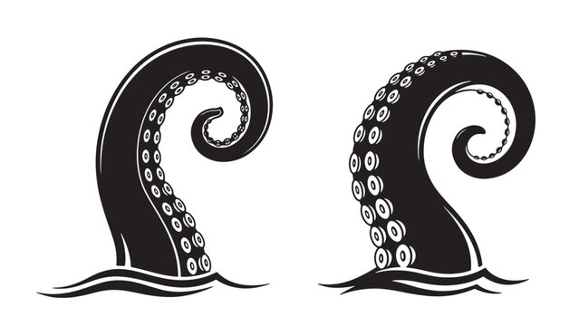 Pair of illustrated octopus tentacles with curling shapes isolated on black background