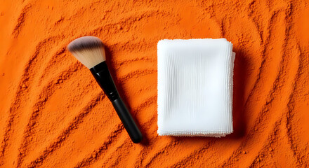 Obraz premium Makeup brush and powder puff on orange powder background with beauty product flat lay make