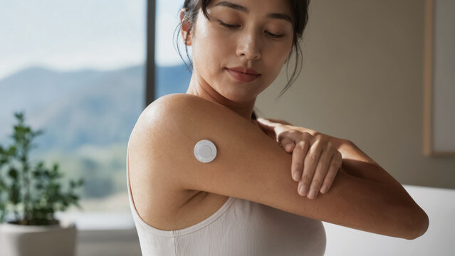 Skin friendly bio-sensor on shoulder during yoga and meditation wellness tech concept