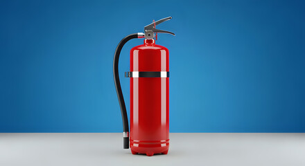 Fototapeta premium Red fire extinguisher with a black hose and nozzle against a blue background, safety equipment
