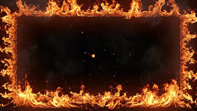 Fiery flame frame with glowing sparks on black background for intense fire border effect