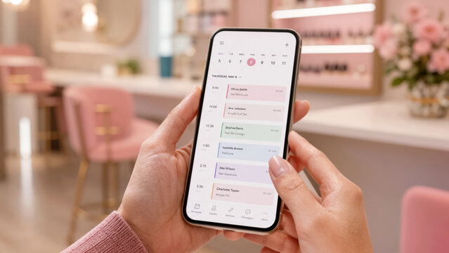 Close up of manicured hands using scheduling mobile app on smartphone in elegant beauty salon