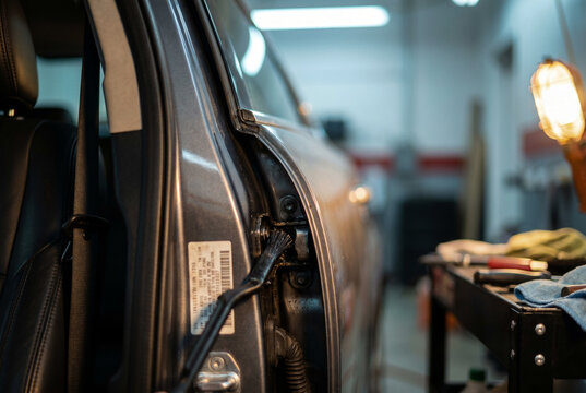 Detailer cleaning door jamb hinge area with stiff bristle detail brush interior detailing process automotive car care