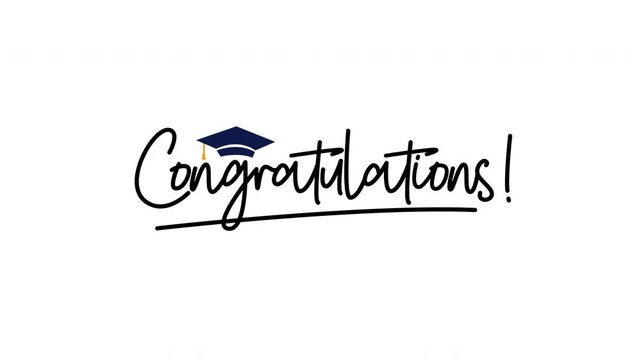 Congratulations calligraphy handwriting text reveal animation with graduation cap icon and underline, 4K UHD, white background for graduation and achievement content