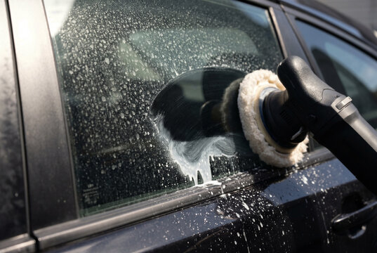 Rotary polisher with wool pad applying cerium oxide slurry to car side window removing hard water spots glass restoration