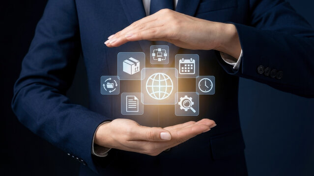 Global Business Process Management, Executive Protecting Holographic World Network with Logistics, Calendar and Workflow Icons