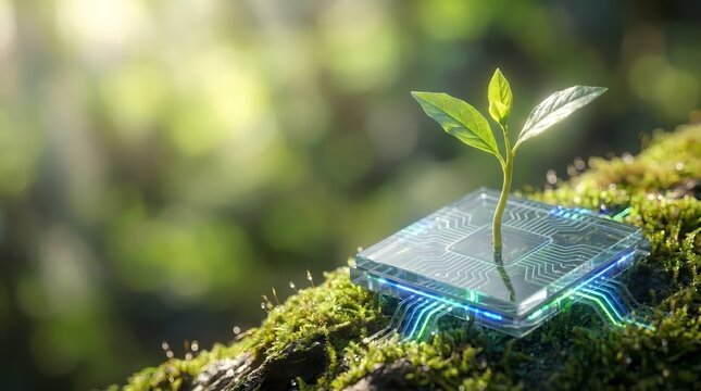 Sustainable green technology plant growing on microchip.