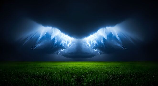 Dramatic storm clouds illuminated by lightning forming angel wings over a green field with dramatic